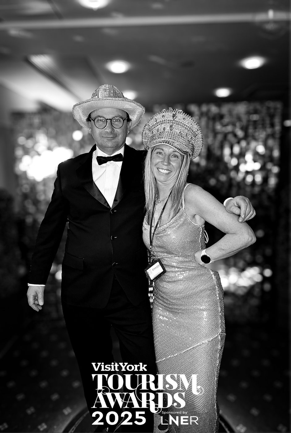 Guests in black tie at a 360 photo booth during the Visit York Tourism Awards at York Racecourse