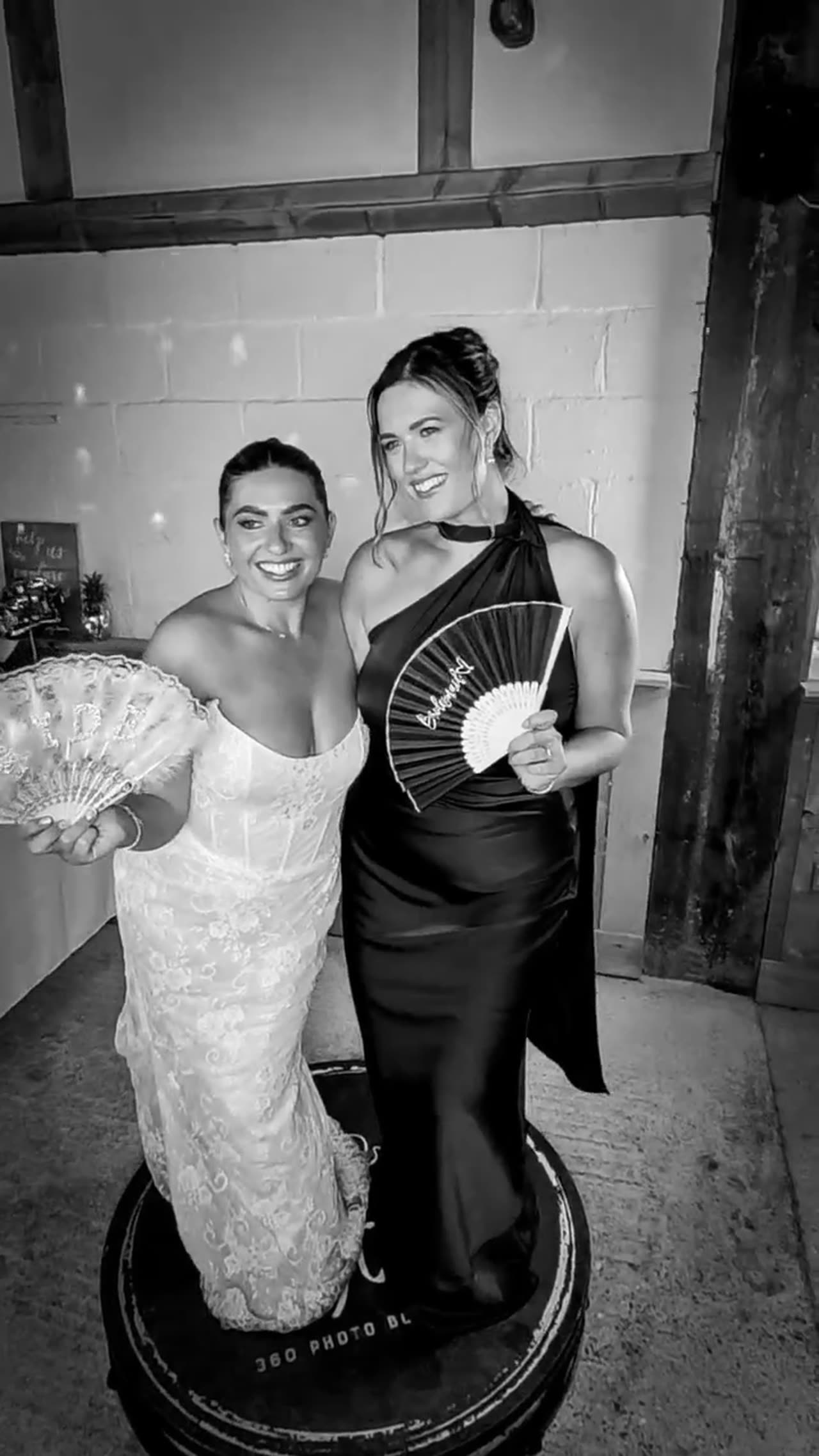 Guests on the 360 photo booth platform at a luxury Yorkshire wedding